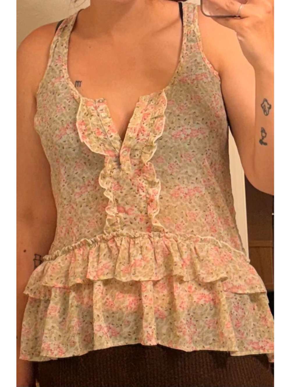 Boho Cottagecore Lightweight Flowy Ruffled Cream Floral Sleeveless Henley